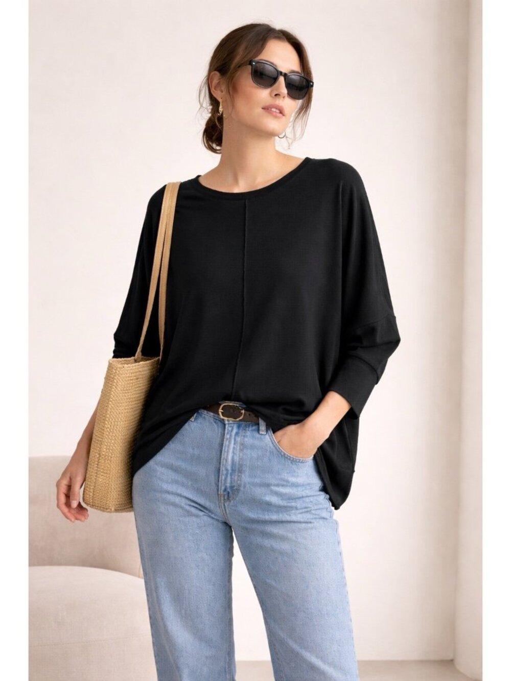 Spanx Perfect Length Top Dolman 3/4 Sleeve SZ Large Black Oversized Minimalist